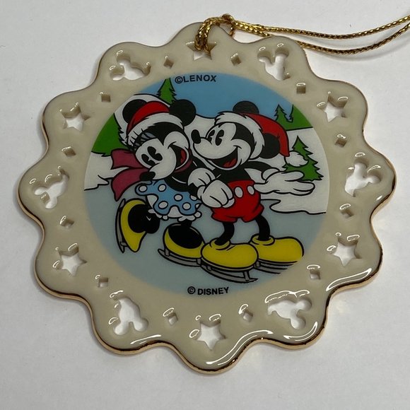 Lenox Mickey Co Christmas Ornament Gold Tassle Mickey Minnie Skating White Stars